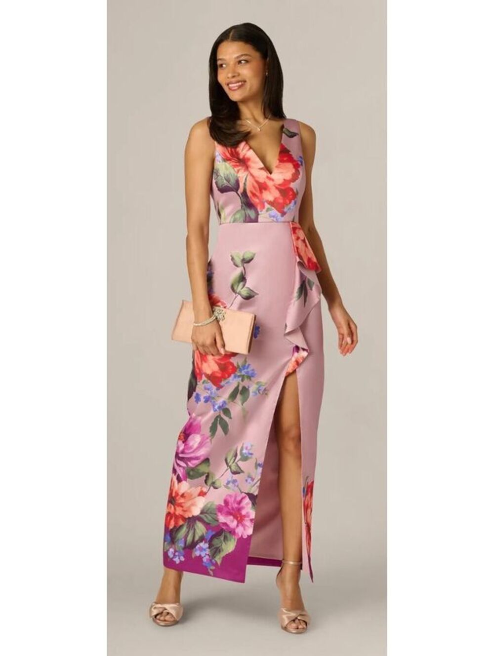 Adrianna Papell Floral Mikado Draped Column Gown Sz 10 NWT Ruffle  Mauve Multi